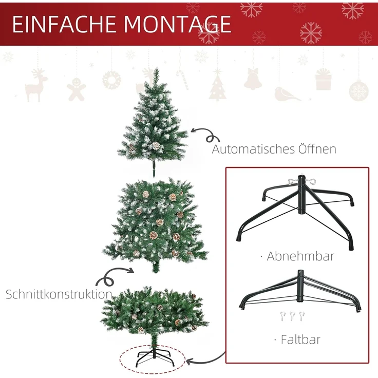 HOMCOM Künstlicher Weihnachtsbaum mit 59 Zapfen, Schnee, 1111 Spitzen, Kieferbaum, Weihnachtsdeko inkl. Metallständer für drinnen – Bild 5