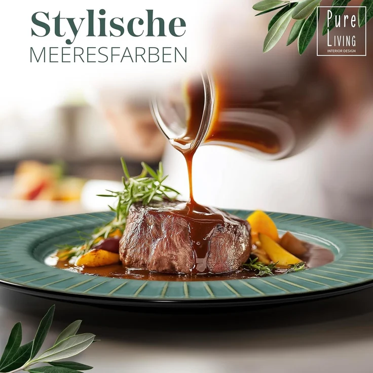 Steingut 48-teiliges Gerilltes Geschirrset – Schwarze und grüne Farben, Hochwertiges Essgeschirr für 12 Personen, Spülmaschinen- und Mikrowellengeeignet - Schüssel- und Teller Set " – Bild 6