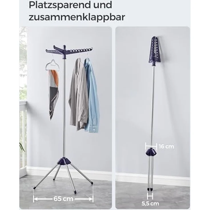 SONGMICS Wäscheständer, Standtrockner, 3 drehbare Armen für Kleiderbügel, Wäschespinne, 4 Beine, für Innenbereich, Edelstahl, für bis zu 27 Kleidungsstücke, 150 cm hoch – Bild 3