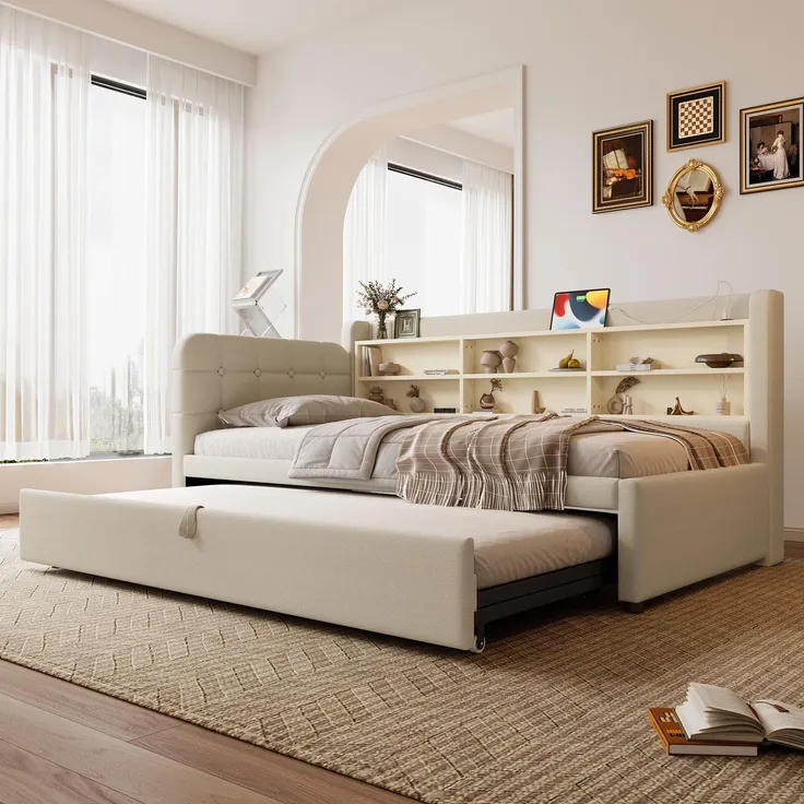 Stauraumbett mit Lattenrost, Regal, USB und Type-C Anschluss, 90x200cm/180x200cm, Liegefläche erweiterbar, Einzelbett, Polsterbett, Leinen – Bild 3