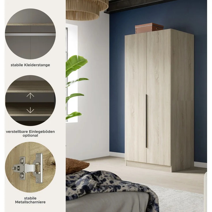 Kleiderschrank 2-türig (B/H/T: 80x180x52 cm) in Sonoma Eiche Nachbildung – Bild 7