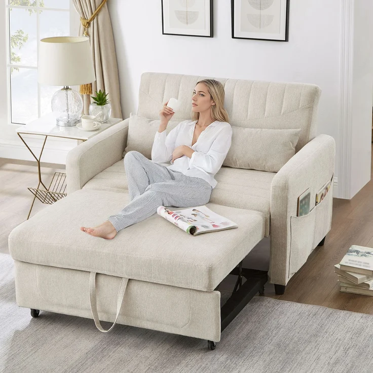 ZUBALIYA Sofa 166x95 cm, mit Ausziehbett, mit breiten Armlehnen, mit Schaumstoffpolsterung, ohne aufwendige Montage, Natur – Bild 6