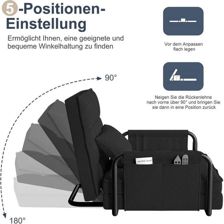 FUROKOY Relaxsessel Liegebett Klappsessel mit Bettkunktion,5 Positionen Verstellbare (Klappbett, 1-St, 3-in-1 Bodensessel), verstellbar,klappbar,mit Armlehnen & Kissen,Schwarz – Bild 2