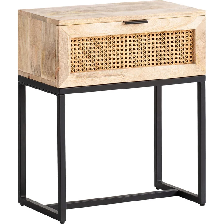 MID.YOU Nachtschrank Natur, massiv aus Mangoholz und Rattan, 1 Schublade, 50x60x30 cm, Metallrahmen