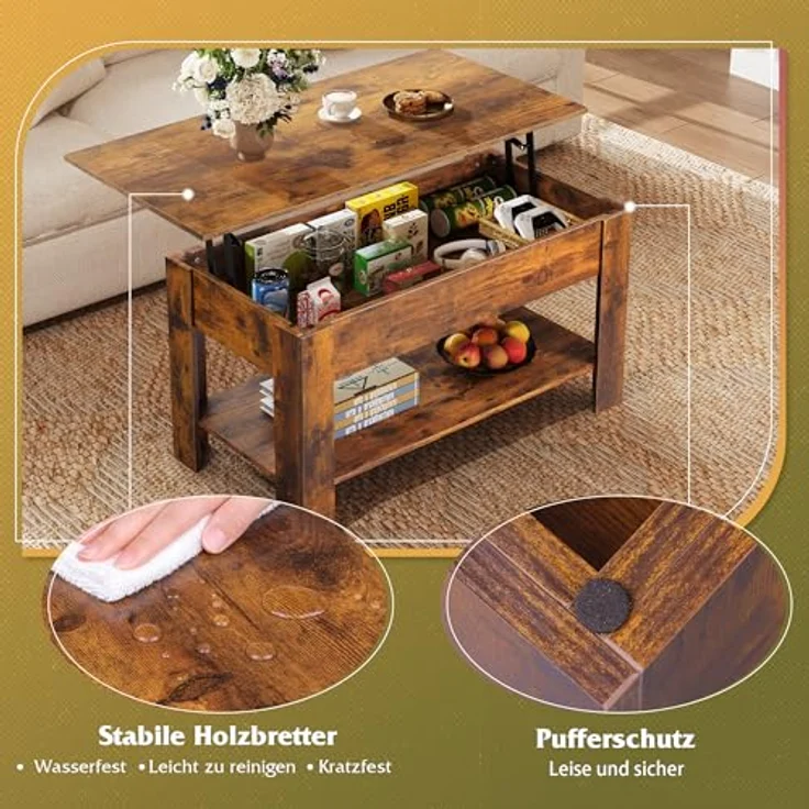 WLIVE Höhenverstellbarer Couchtisch mit Ablage, Wohnzimmertisch Rechteckig mit Offener und versteckter Stauraum, Kaffeetisch für Wohnzimmer, Schlafzimmer (Industriell, Rustikales Braun) – Bild 7
