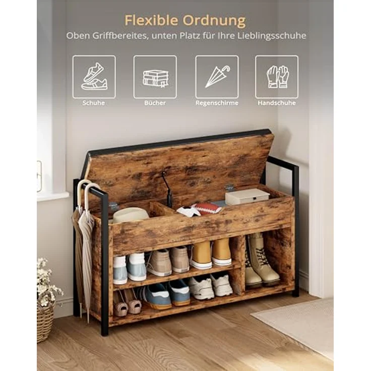 IRONCK Schuhbank mit Sitzfläche, Sitzbank mit Stauraum, Schuhschrank,100 x 30 x 62 cm, 3 offene Fächer, Kunstleder, 130kg belastbar, Schuhregal für Eingang,Flur,Wohnzimmer,Schlafzimmer (Vintagebraun) – Bild 4