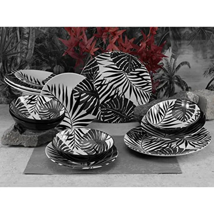 Creatable Kombiservice Tropicana Black, 12-teiliges Geschirrset aus Keramik in Schwarz und Weiß – Bild 3