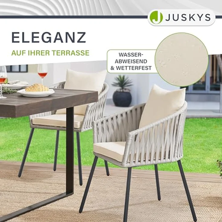 Juskys Rope Stühle 2er Set - Gartenstühle mit Seilgeflecht & Polster – wetterfester & bis 160 kg belastbar - Stahl mit Pulverbeschichtung - Hellgrau – Bild 5