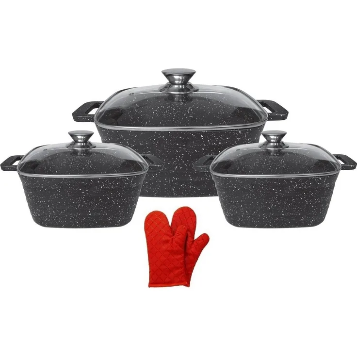 Kochtopf Kasserolle Topf Set 6-tlg Quadratisch m. Handschuhe Cheffinger CF-SQC01