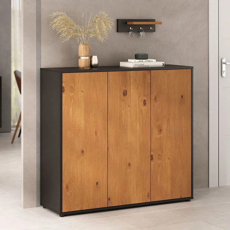 IDIMEX Schuhschrank MIRAN Schuhkommode platzsparend mit 3 Türen Schwarz/Eiche Finish – Bild 1