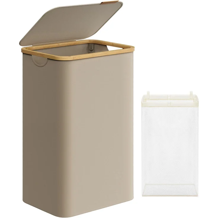 SONGMICS Wäschekorb mit Deckel und herausnehmbarem Wäschesack, zusammenklappbar, Bambus / Oxford-Gewebe kamelbraun, 90 l – Bild 1