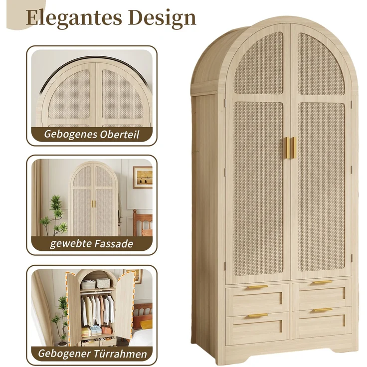 DESVIAE Garderobenschrank Eiche aus MDF – 80x180x50 cm – Rattantüren, Schubladen – Bild 5