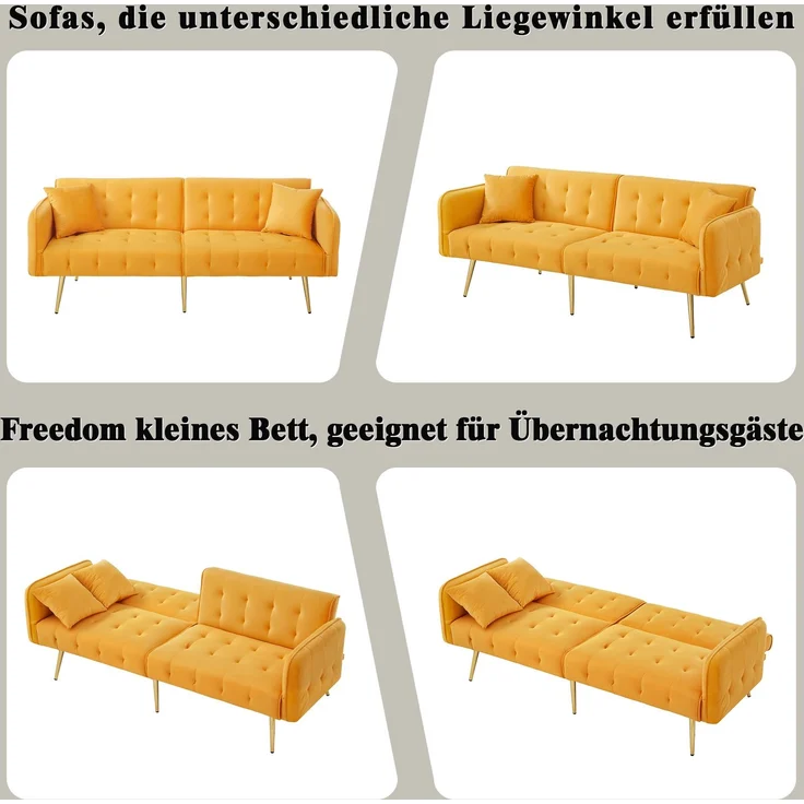 Sofabett 2-in-1 Samt,Zweisitzer mit verstellbarer Rückenlehne & Armlehnen, zum Gästebet,Gelb – Bild 7