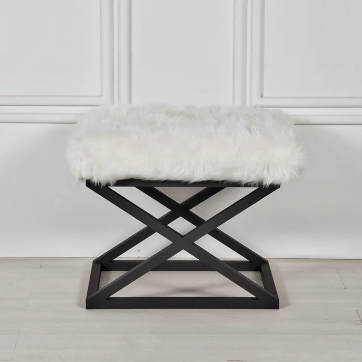 Atelier Del Sofa Stylish Pouffe with Metal Frame, 50 x 42 x 40 cm | 100% Polyester Babyface Fabric, Grey with Black & White Accents | Perfect for Modern Living Spaces