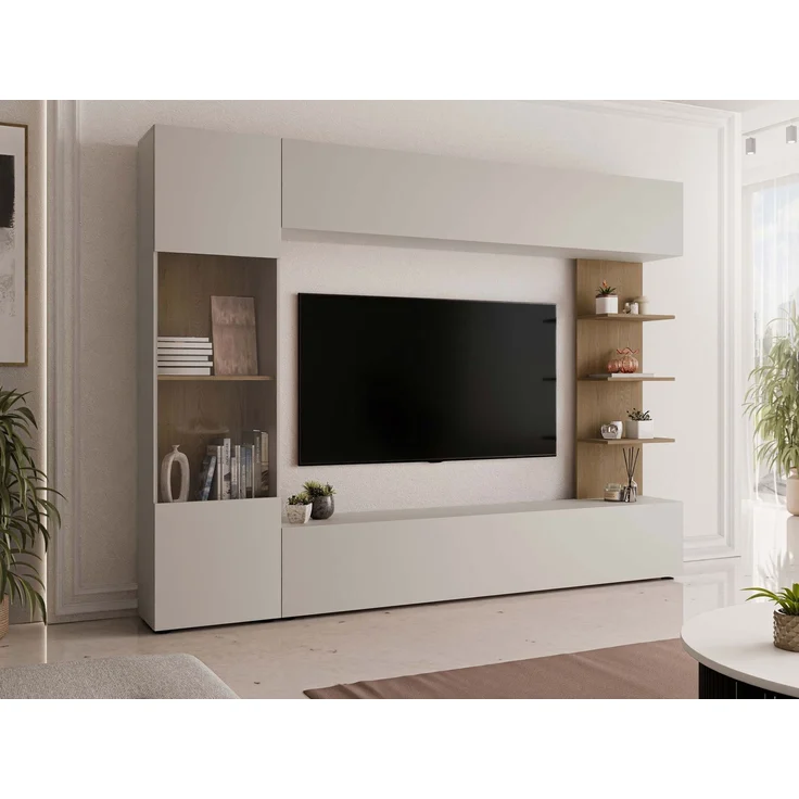 Wohnwand Lazando, Anbauwand, Mediawand, Schrankwand bestehend aus Hängeschrank, Vitrine, TV-Lowboard und Wandregal (Cashmere/Cremona Eiche) – Bild 2
