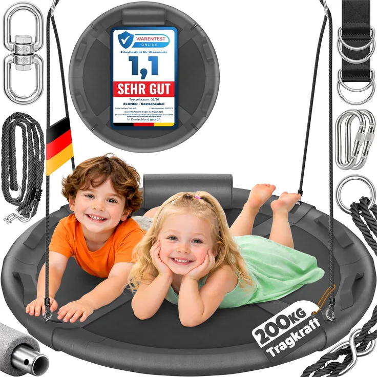 ELONEO Nestschaukel Outdoor & Indoor mit 90 oder 120 cm Durchmesser, Tellerschaukel, höhenverstellbare Hängeschaukel inkl. Kissen, Griffen und Zubehör-Set, Schwarz - 90cm