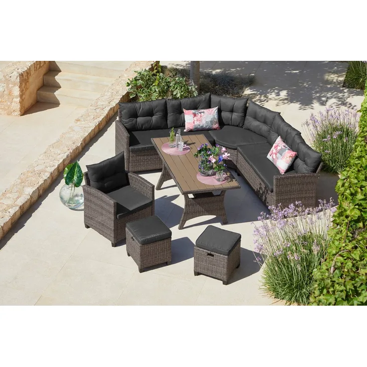 KONIFERA Gartenlounge-Set Keros Premium, (Set, 20-tlg, 2x 2er Sofa, 1x Ecke, 1x Sessel, 2x Hocker, 1x Tisch 145x75x67,5cm), Ecklounge, Polyrattan, Stahl, geeignet für 8 Personen, inkl. Auflagen