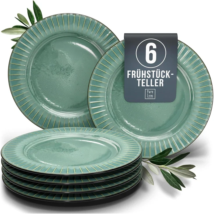 Steingut Frühstücksteller 6 Pers. Tokyo Hochwertiges Asia-Style TEST SEHR GUT Dessertteller Set - Kuchenteller, Kleine Teller, Salatteller - 6 Personen Geschirr Pure Living in Grün – Bild 1