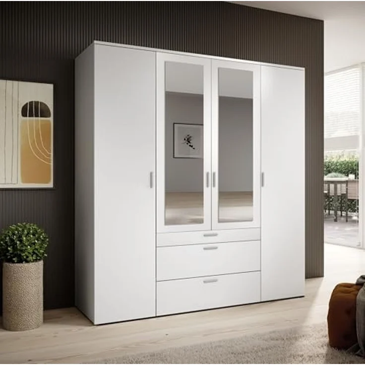 Drehtürenschrank >Vesala< 4 Türen, 3 Schübe, Weiß / Spiegel - 180x195x56cm (BxHxT) – Bild 2