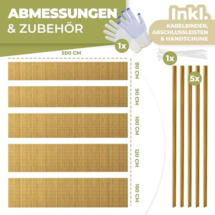 KESSER® PVC Sichtschutzmatte Sichtschutzzaun 80x500cm Balkonverkleidung Windschutz verstärkte Lamellen für Garten Balkon & Terrasse Balkonumrandung inkl Kabelbindern, Abdeckung & Handschuhe Bambus – Bild 7
