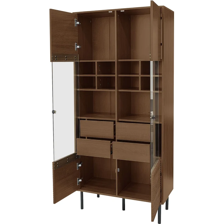 Mehrzweig-Vitrinenschrank in Nussbaumholzoptik: Glasfront + Etagenregal + versteckte Schublade｜Allround-Aufbewahrungslösung für Bad/Wohnzimmer/Büro--Holz--75.5x35x164.5cm--YOUDENOVA – Bild 9