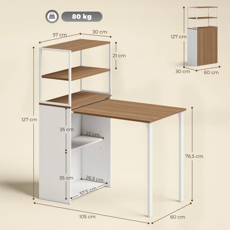 EINHOM Schreibtisch Klappbar Küchentisch mit 4 Regal Computertisch Arbeitstisch Laptoptisch 105 x 60 x 127 cm Naturholz – Bild 2