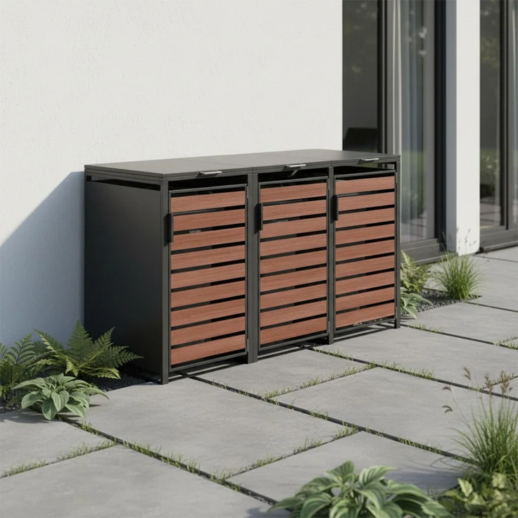 STEELSØN 'Kestra' Mülltonnenbox 3er je 240 Liter, graphitschwarz mit Nußbaum-Holzoptik, Mülltonnenverkleidung aus Stahl, wetterfest, 116x80x203 cm, Müllbox für 3 Tonnen – Bild 2