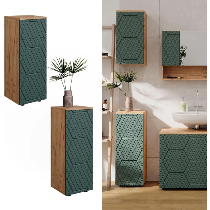 Midischrank Irma Grün/Goldkraft Eiche 30 x 81 cm mit 1 Schublade, 2 Fächer, Badezimmer Vicco – Bild 4
