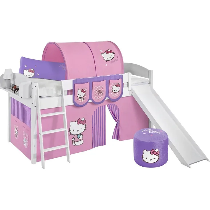 Lilokids 'Ida 4106' Spielbett 90x200 cm, Hello Kitty Lila, Kiefer massiv, mit Rutsche und Vorhang