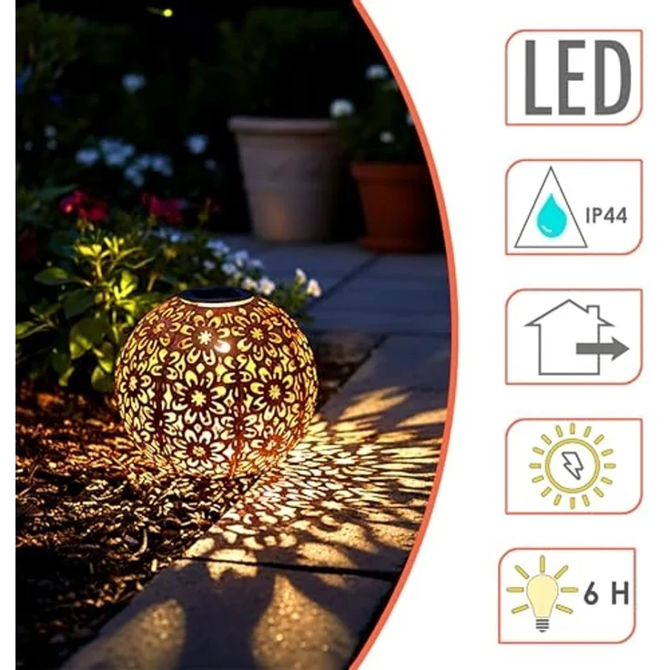 Spetebo LED Solarleuchte Solar Gartenkugel aus Metall in Rost-Optik - 20 cm, mit Einschaltautomatik, LED fest integriert, warm weiß, LED Garten Deko Kugel Leuchte mit Erdspieß – Bild 3