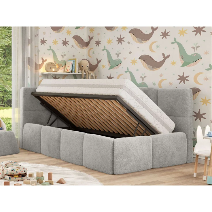 Jugendbett, Kinderbett mit Kopfteil ARVO ALTA 90x200 cm, Polsterbett mit Stauraum, hoher Schlafkomfort - Hellgrau Plüsch - Links – Bild 4