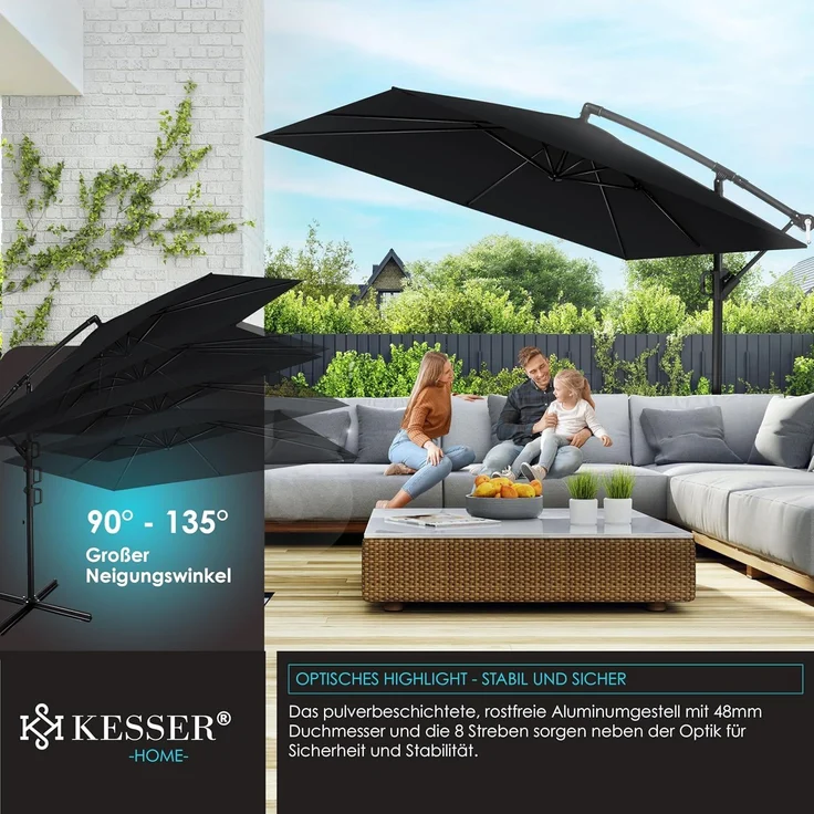 KESSER® 'Holly' Ampelschirm ohne LED Solar, inkl. Ständer, Abdeckung & Windsicherung mit Kurbel, Aluminium schwarz, Ø 350 cm – Bild 3