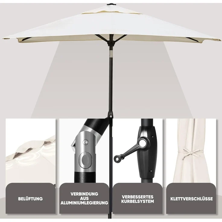 Sekey Sonnenschirm mit Kurbel und UV50+, knickbar, Aluminium creme, 200 × 300 cm – Bild 6