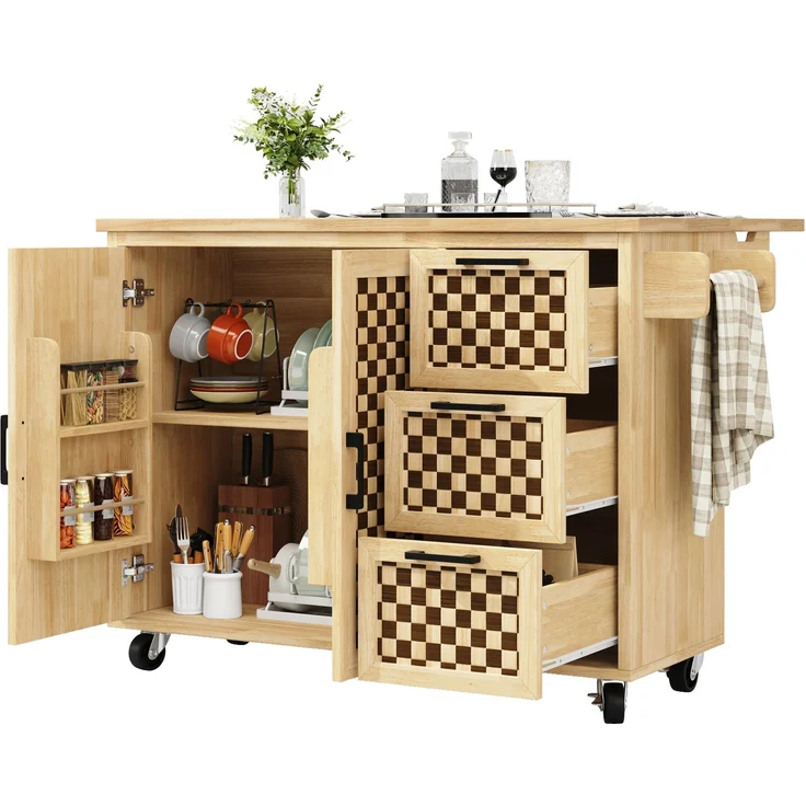 Merax Kücheninsel, Schrank, Buffetschrank, ausziehbarer Küchenwagen mit Rollen, mit Handtuchhalter, Türfachregal, zwei Türen, drei Schubladen, Schachbrettmuster, Holzmaserung – Bild 10