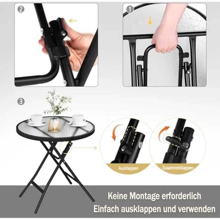 eSituro Klapptisch, Beistelltisch klappbar, Balkontisch Campingtisch Gartentisch Bistrotisch, mit Metallrahmen, runde Tischplatte aus gehärtetem Glas, φ46x47,5 cm, Schwarz+transparent – Bild 5