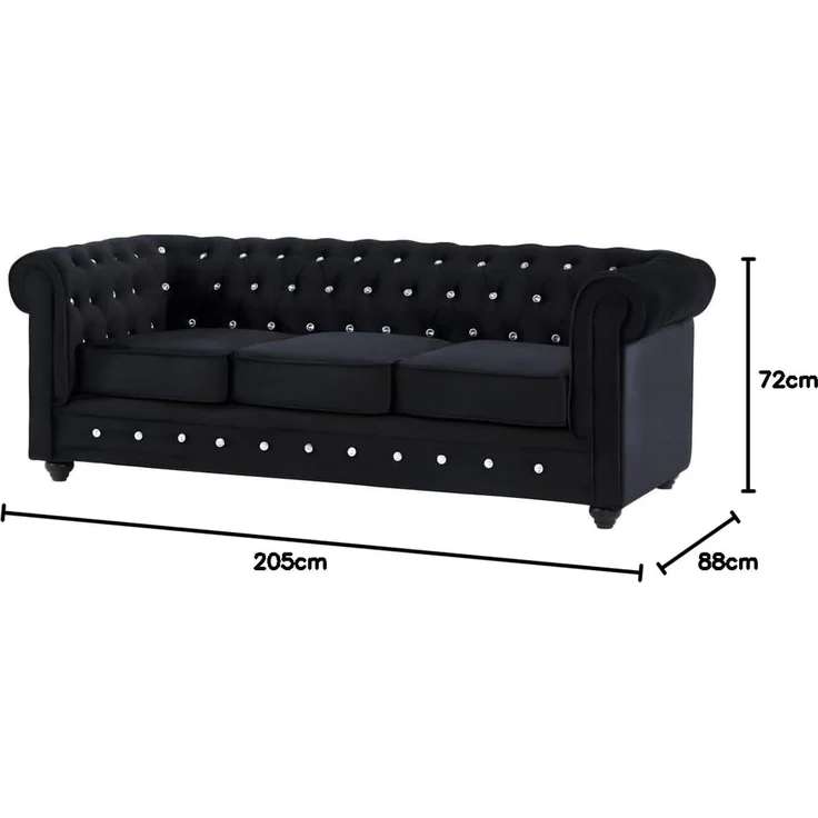 Vente-unique - Sofas 3-Sitzer, 2-Sitzer & Sessel - Samt - Schwarz mit Knöpfen in Kristall-Optik - CHESTERFIELD – Bild 3
