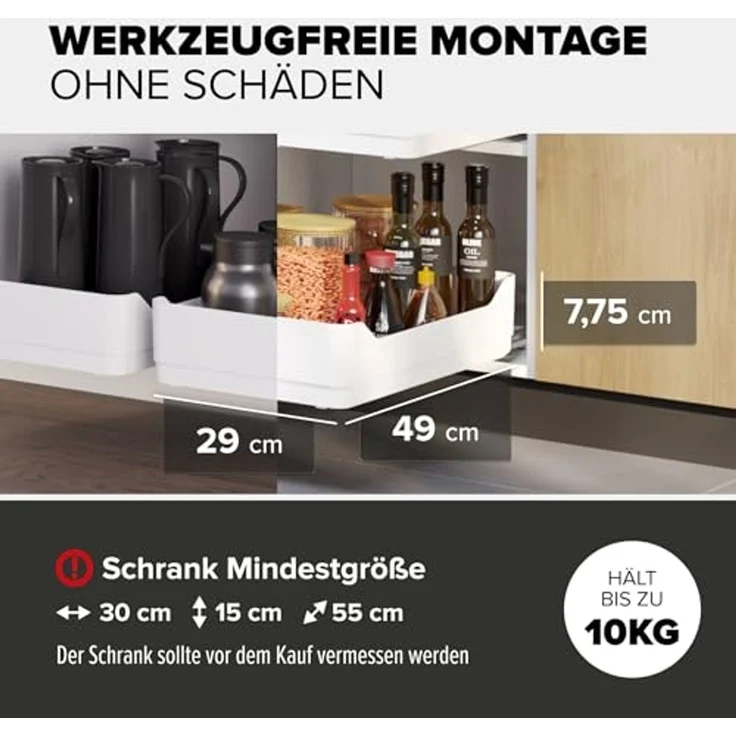 tesa Küchenorganizer-Set Schubladen Organizer Küche, nachrüstbar, ausziehbar, selbstklebend, (Pull Out ausziehbare Küchen-Schublade, 2x Auszugsschienen, 1x Regalboden, 5x Powerstrips-Blätter, uvm, 8-tlg, inkl. Bodenauszug mit 15 Powerstrips & Andrückhi... – Bild 5
