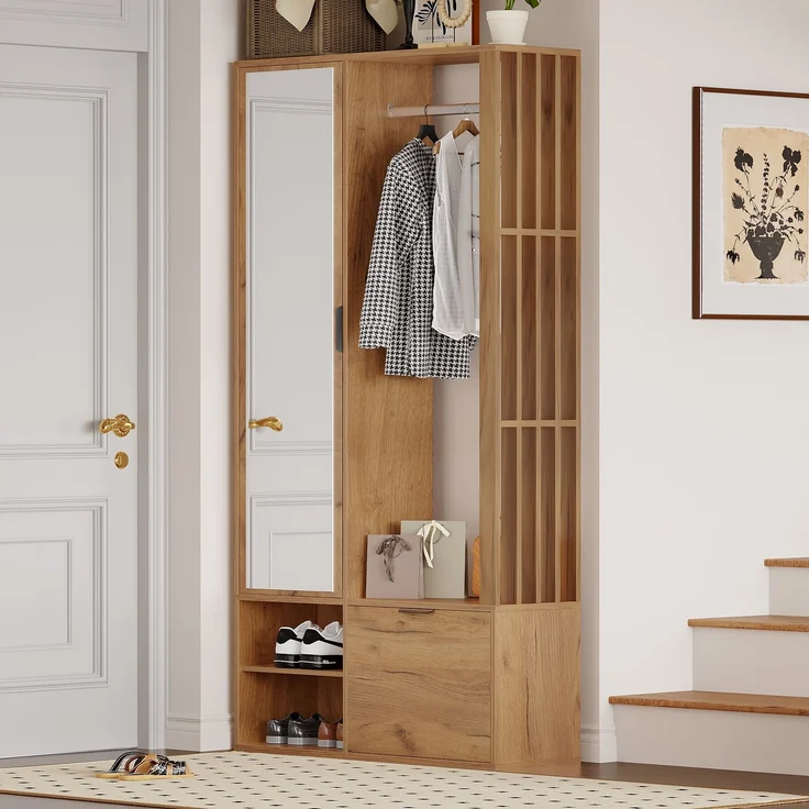 100*33*190cm garderobenschränke mit flur,6-in-1-Eingangsschrank, zum Aufhängen von Mänteln,Flurschrank mit Wäscheständer ,Garderobenschrank und Spiegel, Breite 100 cm,Schrank mit unterer Tür,Holzfarbe--Natürlich--100x33x190cm--YOUDENOVA – Bild 1
