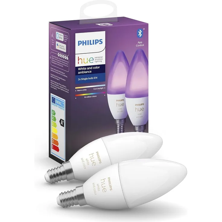 Philips Hue White & Color Ambiance E14 Lampe Doppelpack, 320lm, dimmbar, bis zu 16 Mio. Farben, steuerbar via App, kompatibel mit Amazon Alexa (Echo Echo Dot)