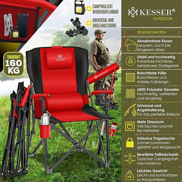 KESSER® Campingstuhl faltbar bis 160 kg, Klappstuhl, Gepolstert mit Armlehnen, Campinglicht und Getränkehalter + Tasche mit hoher Rückenlehne, mit Angelhalterung, Rot / Schwarz, 95 x 65 x 59 cm – Bild 2