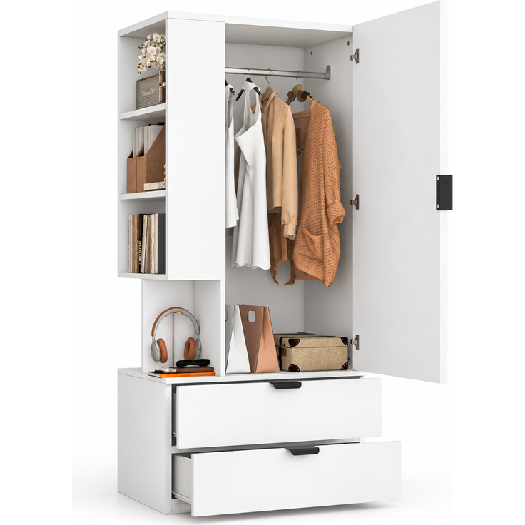 Kleiderschrank 70x50x170 cm in Weiß, mit offenen Fächern, Kleiderbereich und Schubladen – Bild 4