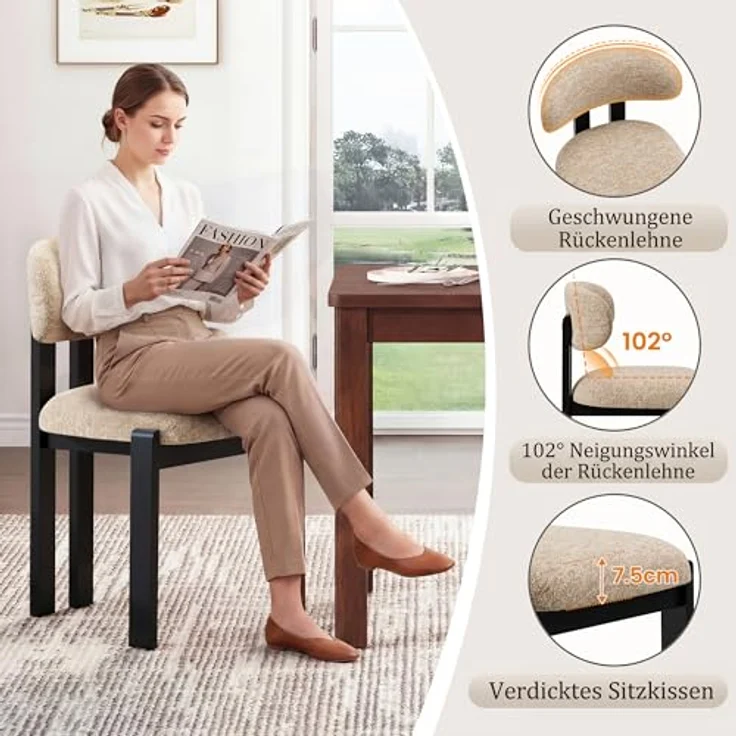 MALOL Esszimmerstühle 4er Set, Moderne Polsterstuhl Essstühle mit Fester Rückenlehne, Stoff Esszimmerstühl mit Holzbein für Esszimmer, Küche, Restaurant, Mit schwarzen Beinen, Kamel – Bild 5