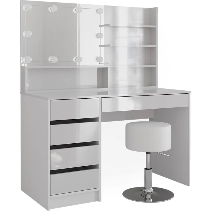 Vicco 'Sherry' Schminktisch mit LED-Lichterkette und Hocker, Holzspanplatte weiß, hochglanz, 120 x 55 x 75 cm