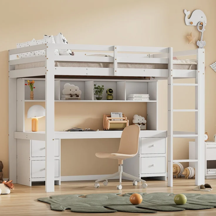 Hochbett 90x200 cm mit Schreibtisch und Stauraum,Kinderbett aus massivem Kiefernholz,Multifunktionsbett mit 4 Schubladen und 4 Regalfächern,Weiß – Bild 4