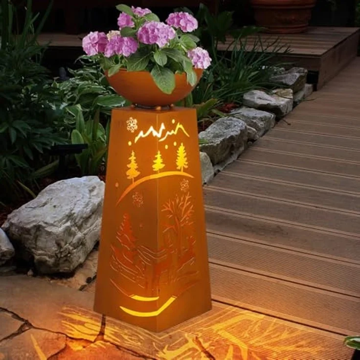 LED Dekosäule mit Blumenschale, Metall, Rost, H 59 cm – Bild 3