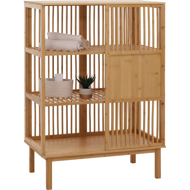 Mendler 'HWC-N81' Badregal mit 3 Regalböden und Schiebetür, Bambus natur, 80 x 45 x 112 – Bild 1