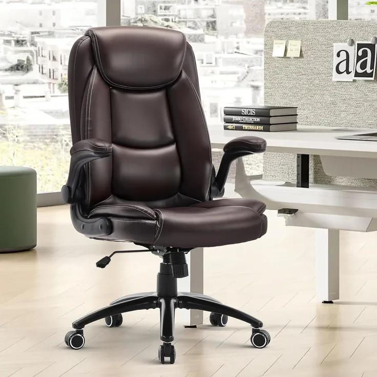 COLAMY Ergonomischer Bürostuhl, Office Bürostuhl Ergonomisch, 360° Drehung Chefsessel Schreibtischstuhl mit Hochklappbaren Armlehnen, Verstellbarer Rückenlehne, Höhe & Kippspannung, Braun