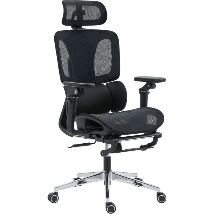 Bürostuhl Ergonomisch Schreibtischstuhl mit verstellbar Lenden- und Kopfstütze 6D-Klapparmlehnen Fußstütze Netz Schwarz--Schwarz--71x67x133cm--YOUDENOVA