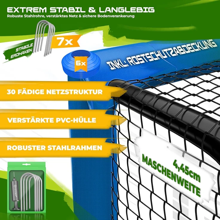 KESSER® Fußballtor für Garten robustes Outdoor Training Schusstraining UV-beständigem Netz, Stahlrahmen mit Polsterung, Erdhaken, Luftpumpe, Hüttchen, Montagezubehör für Kinder und Erwachsene Blau, 300cm, Ohne Torwand – Bild 2