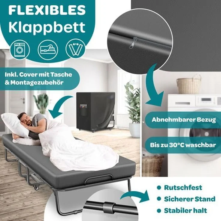 KESSER® Klappbett 200x90cm Gästebett inkl. Matratze aus Memory-Schaum & Rollen | faltbares Reisebett mit Metallrahmen für Erwachsene belastbar bis 250kg | Metallbett mit Schaumstoffmatratze & Cover Anthrazit, Deluxe Plus – Bild 2
